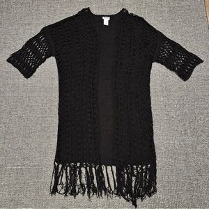 Monroe & Main Black Open-Knit Fringe Cardigan